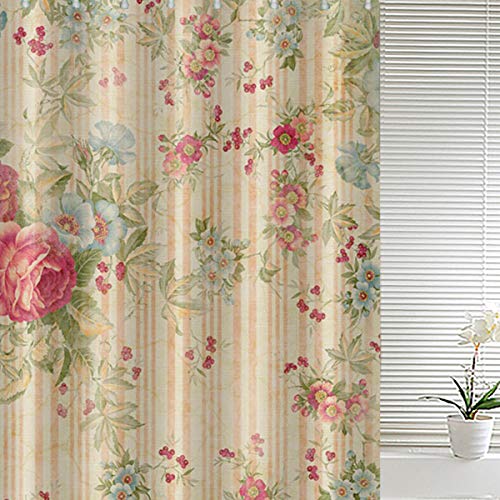 ufengke Cortinas de Ducha Flores de Peonía con 12 Ganchos Raya Retro Cortina de Ducha de Tejido Prueba de Moho Impermeable al Baño 180x180cm
