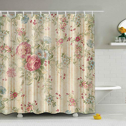 ufengke Cortinas de Ducha Flores de Peonía con 12 Ganchos Raya Retro Cortina de Ducha de Tejido Prueba de Moho Impermeable al Baño 180x180cm