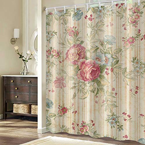 ufengke Cortinas de Ducha Flores de Peonía con 12 Ganchos Raya Retro Cortina de Ducha de Tejido Prueba de Moho Impermeable al Baño 180x180cm