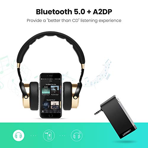 UGREEN Receptor Bluetooth 5.0, Auxiliar Bluetooth Coche con Micrófono para Llamadas Manos Libres, Adaptador Audio Jack 3.5 con EDR y A2DP HiFi Estéro para Coche, Altavoz, Auriculares, Amplificador