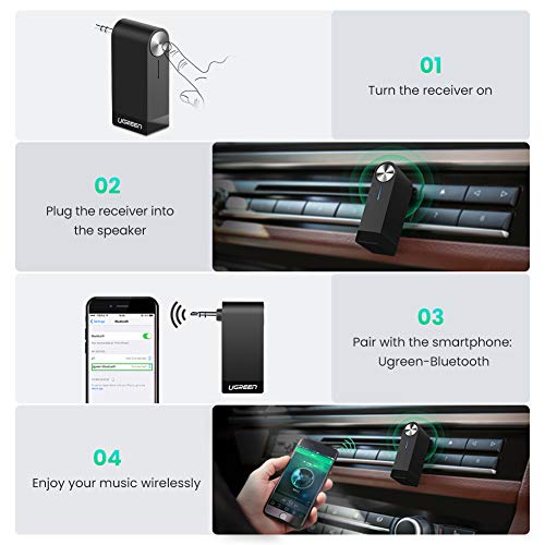 UGREEN Receptor Bluetooth 5.0, Auxiliar Bluetooth Coche con Micrófono para Llamadas Manos Libres, Adaptador Audio Jack 3.5 con EDR y A2DP HiFi Estéro para Coche, Altavoz, Auriculares, Amplificador
