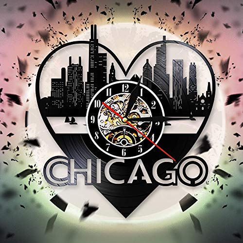 UIOLK Creatividad Retro American City Chicago Skyline Reloj de Pared 3D Diseño Reloj de Pared con Registro de Vinilo Reloj de Pared 3D Idea de Regalo de Viaje