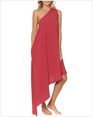 UIOP Blusa de Bikini, Junto al mar, Vacaciones, Playa, Cuello Diagonal de una Sola Pieza, sin Mangas Sueltas, Falda Irregular, Tallas de Mujer (S-L),Red,S