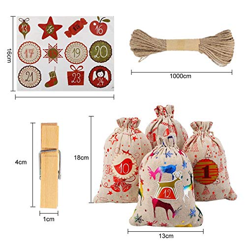Ulikey Set de 24 Calendario de Adviento, Calendario de Adviento Navidad, Calendario de Adviento para llenar Bolsa DIY Bolsa para Regalo Bolsas de Yute para Rellenar 1-24 Adhesivos