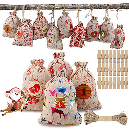Ulikey Set de 24 Calendario de Adviento, Calendario de Adviento Navidad, Calendario de Adviento para llenar Bolsa DIY Bolsa para Regalo Bolsas de Yute para Rellenar 1-24 Adhesivos