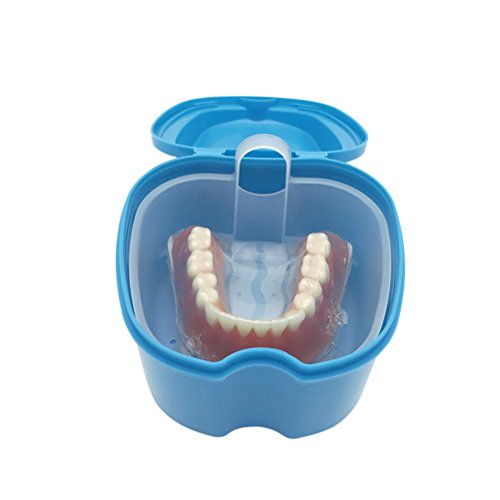 ULTNICE Caja de baño para dentadura postiza Caja de baño para dentadura postiza dental con contenedor de red colgante (Azul claro)