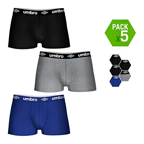 Umbro Set de 5 boxers (5MULTICOLOR) -100% 35% algodón / 65% poliéster -color negro(3)/gris(1)/azul(1) Bóxer, PACK 05 T040-2, L Hombre