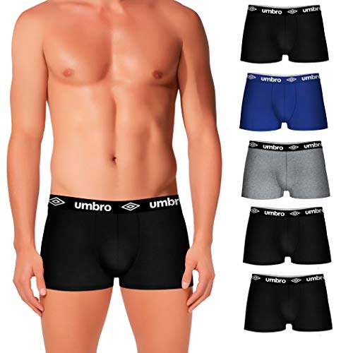 Umbro Set de 5 boxers (5MULTICOLOR) -100% 35% algodón / 65% poliéster -color negro(3)/gris(1)/azul(1) Bóxer, PACK 05 T040-2, L Hombre