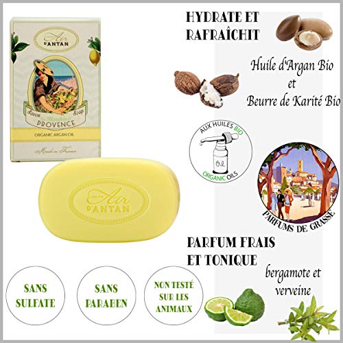 Un Air d’Antan® Jabon Tradicional Perfumado Frances Provence con Manteca de Karite Organico y Aceite de Argan Bio, Perfume Original Verbena, Bergamota y Limón, Formula Hidratante – Idea Regalo, 100g