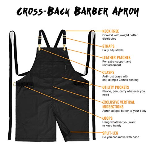 Under NY Sky Delantal de Peluquero Negro y Oro - Resistente al Agua y Manchas - Correas de Espalda Cruzada - Multi Bolsillos - Hombres, Mujeres, Peluquero, Colorista, Barbero, Barman, Chef, Salón