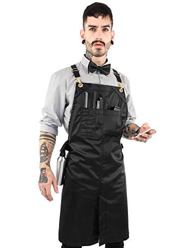 Under NY Sky Delantal de Peluquero Negro y Oro - Resistente al Agua y Manchas - Correas de Espalda Cruzada - Multi Bolsillos - Hombres, Mujeres, Peluquero, Colorista, Barbero, Barman, Chef, Salón