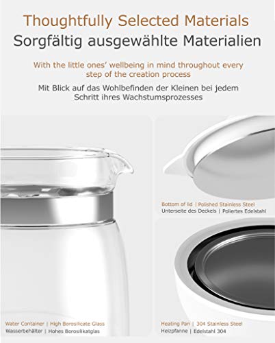 ÜneeQbaby - Hervidor de agua con termostato integrado, para la alimentación de biberón, mantiene la temperatura deseada hasta 24 horas, cristal de borosilicato alto, ENCHUFE DE LA UE