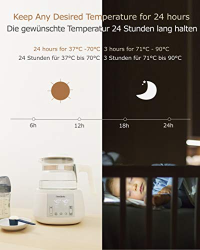 ÜneeQbaby - Hervidor de agua con termostato integrado, para la alimentación de biberón, mantiene la temperatura deseada hasta 24 horas, cristal de borosilicato alto, ENCHUFE DE LA UE