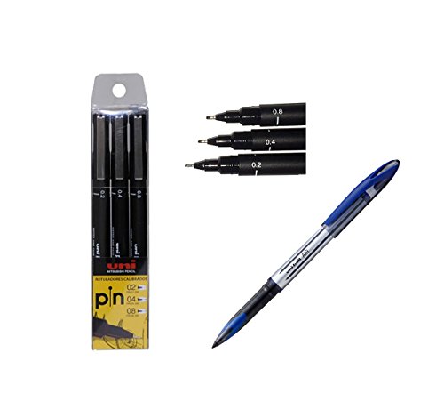 Uni-Ball - Estuche de 3 rotuladores calibrados Uni Pin - 0.2, 0.4, 0.8 mm + REGALO Bolígrafo Roler Uniball AIR