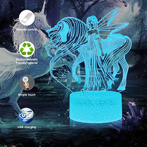Unicornio 3D Luz nocturna para niños, LED USB Luces nocturnas Ilusión Caballo Lámpara de mesa táctil Luces con control remoto para la decoración del partido Presentes de cumpleaños(Princess Unicorn)