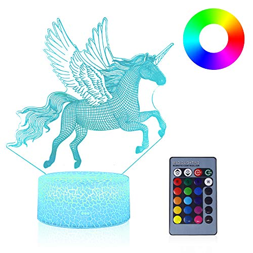 Unicornio 3D Luz nocturna para niños, LED USB Luces nocturnas Ilusión Caballo Lámpara de mesa táctil Luces con control remoto para la decoración del partido Presentes de cumpleaños(Flying Unicorn)