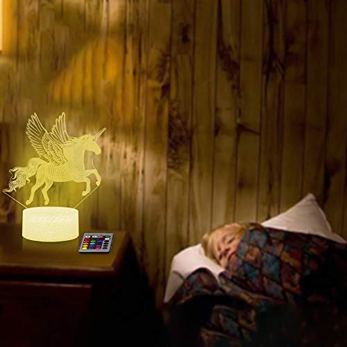 Unicornio 3D Luz nocturna para niños, LED USB Luces nocturnas Ilusión Caballo Lámpara de mesa táctil Luces con control remoto para la decoración del partido Presentes de cumpleaños(Flying Unicorn)