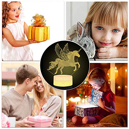 Unicornio 3D Luz nocturna para niños, LED USB Luces nocturnas Ilusión Caballo Lámpara de mesa táctil Luces con control remoto para la decoración del partido Presentes de cumpleaños(Flying Unicorn)