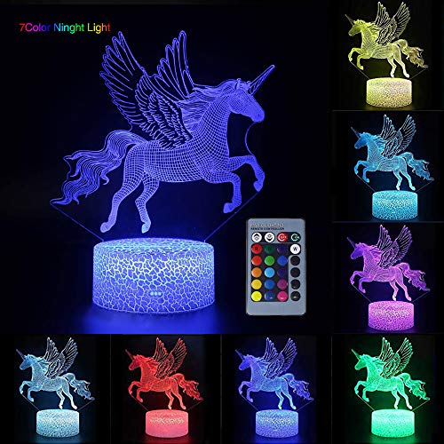 Unicornio 3D Luz nocturna para niños, LED USB Luces nocturnas Ilusión Caballo Lámpara de mesa táctil Luces con control remoto para la decoración del partido Presentes de cumpleaños(Flying Unicorn)