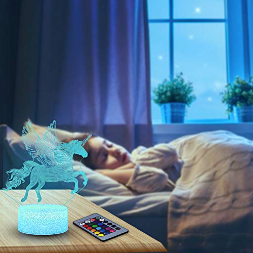 Unicornio 3D Luz nocturna para niños, LED USB Luces nocturnas Ilusión Caballo Lámpara de mesa táctil Luces con control remoto para la decoración del partido Presentes de cumpleaños(Flying Unicorn)