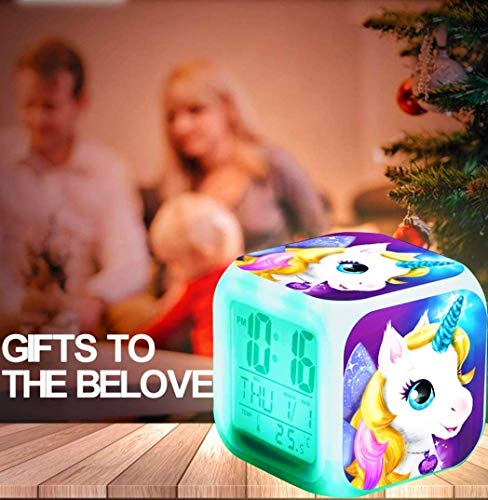 Unicornio reloj despertador de alarma digital para niñas, Reloj con luz LED de noche con un brillo muy calido para la noche. Visualización de hora temperatura fecha alarma