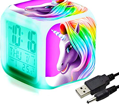 Unicornio reloj despertador de alarma digital para niñas, Reloj con luz LED de noche con un brillo muy calido para la noche. Visualización de hora temperatura fecha alarma