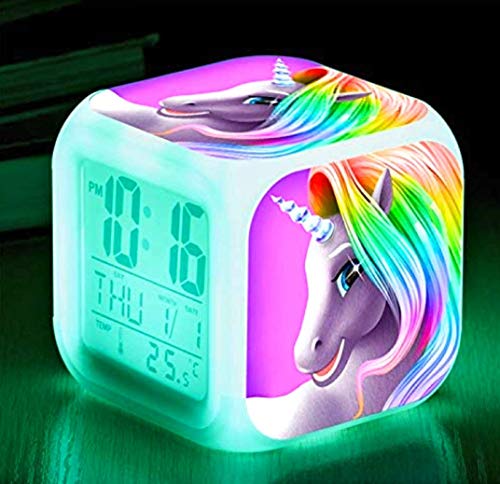 Unicornio reloj despertador de alarma digital para niñas, Reloj con luz LED de noche con un brillo muy calido para la noche. Visualización de hora temperatura fecha alarma
