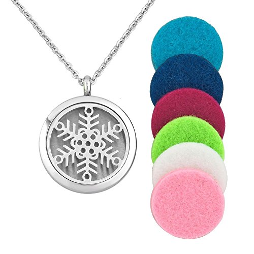 Uniqueen Difusor de aceite esencial para aromaterapia, medallón de copo de nieve, cadena y 12 almohadillas de repuesto