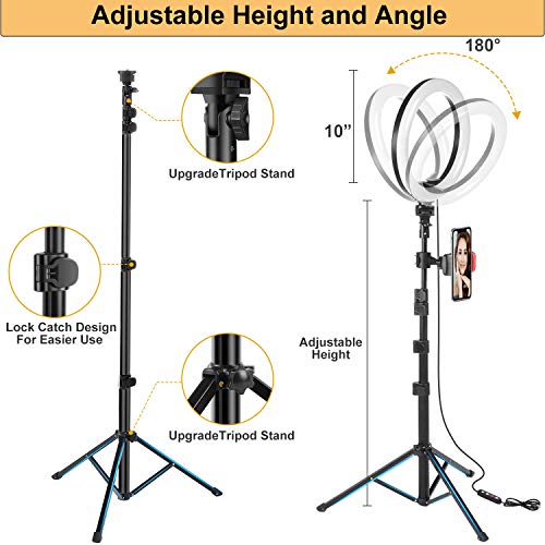 UPhitnis 10" Luz de Anillo LED Fotográfica, 3 Colores 10 Brillos Regulables Control Remoto, 63" Trípode con Soporte Giratorio de teléfono para Selfie, Youtube, TIK Tok