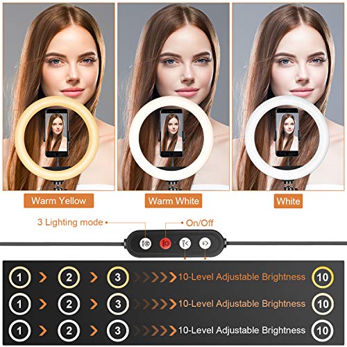 UPhitnis 10" Luz de Anillo LED Fotográfica, 3 Colores 10 Brillos Regulables Control Remoto, 63" Trípode con Soporte Giratorio de teléfono para Selfie, Youtube, TIK Tok