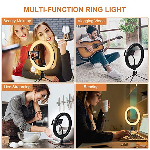 UPhitnis Luz de Anillo LED 10" fotográfica de Escritorio, 3 Colores 10 Brillos Regulables Control Remoto, Trípode con Soporte Giratorio de teléfono para Selfie, Maquillaje, Youtube, TIK Tok