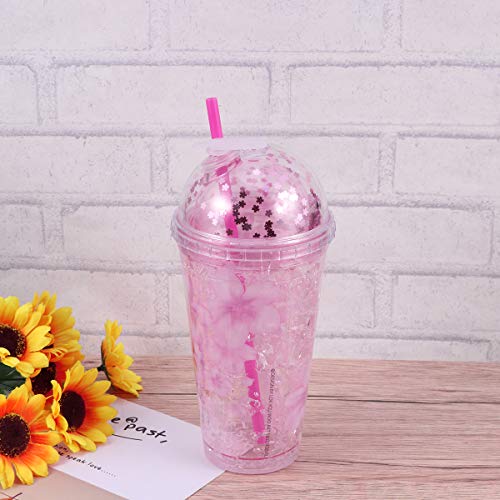 UPKOCH Vaso de plástico con pajita y tapa de doble pared, con purpurina y estrella, 480 ml, plástico, rosa, 22 x 10 x 10cm