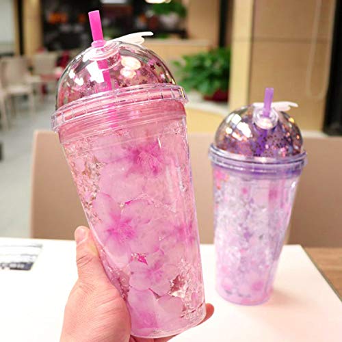 UPKOCH Vaso de plástico con pajita y tapa de doble pared, con purpurina y estrella, 480 ml, plástico, rosa, 22 x 10 x 10cm