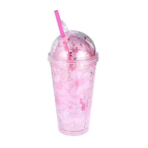 UPKOCH Vaso de plástico con pajita y tapa de doble pared, con purpurina y estrella, 480 ml, plástico, rosa, 22 x 10 x 10cm