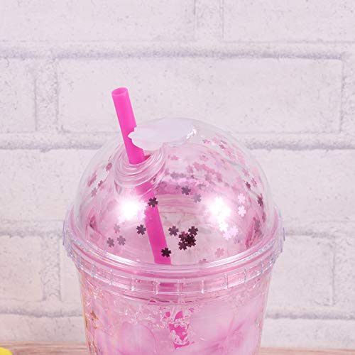 UPKOCH Vaso de plástico con pajita y tapa de doble pared, con purpurina y estrella, 480 ml, plástico, rosa, 22 x 10 x 10cm