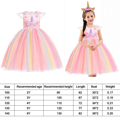 URAQT Disfraz de Princesa, Traje del Vestido Traje de Princesa de la Nieve Vestido Infantil Disfraz de Princesa de Niñas para Frozen Themed Fiesta Cumpleaños Navidad Halloween Arcoiris 140 cm