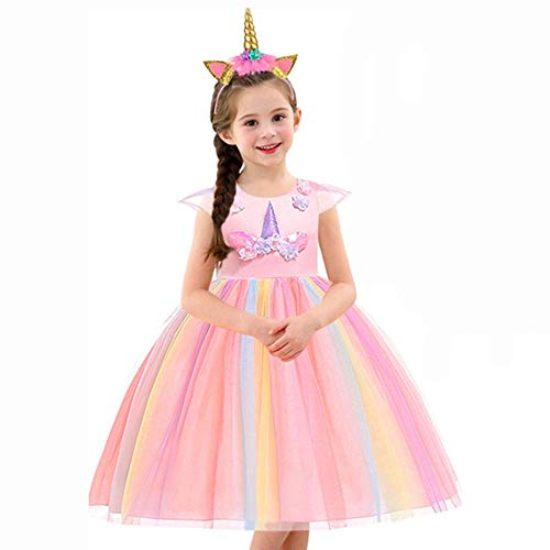 URAQT Disfraz de Princesa, Traje del Vestido Traje de Princesa de la Nieve Vestido Infantil Disfraz de Princesa de Niñas para Frozen Themed Fiesta Cumpleaños Navidad Halloween Arcoiris 140 cm