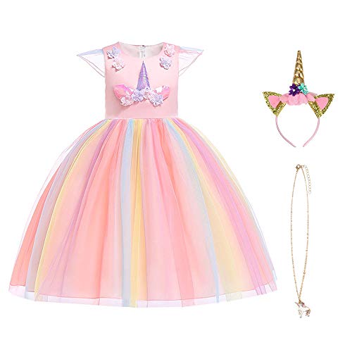 URAQT Disfraz de Princesa, Traje del Vestido Traje de Princesa de la Nieve Vestido Infantil Disfraz de Princesa de Niñas para Frozen Themed Fiesta Cumpleaños Navidad Halloween Arcoiris 140 cm