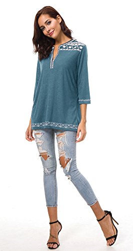 Urban GoCo Mujer Camisas Manga 3/4 Boho Blusa Bordado T-Shirt Tops (X-Large, Azul Tinta)