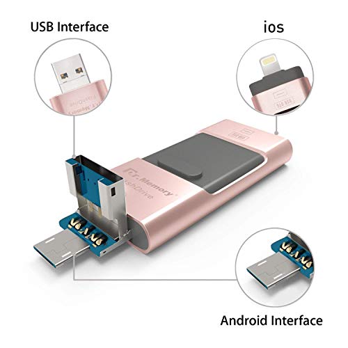 USB 3.0 32 GB Pendrive, Penobon 3 en 1 Memoria Flash USB Lápiz Drive OTG para iPhone, iPad, Android, PC (Oro Rosa)