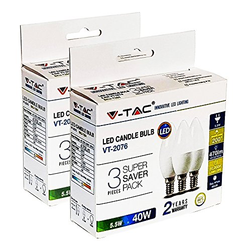 V-TAC Bombillas ZONE LED E14, 5.5W equivalente a 40W, 470 lúmenes, Color: Blanco cálido 2700K, 200° - 6 unidades