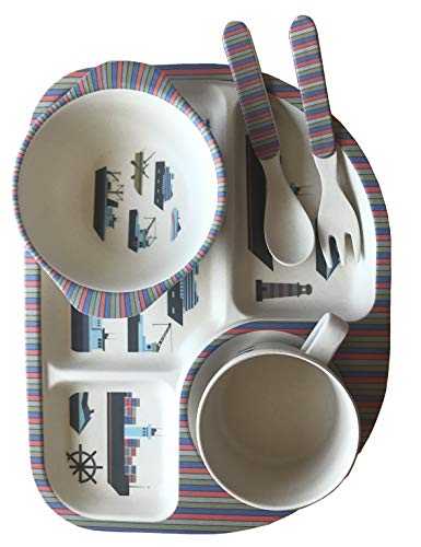 Vajilla Bambu Infantil ♻ Vajilla Fibra de Bambú Niños y Bebés 5 Piezas - Material Ecologico, Reciclable - Apto para Lavavajillas - Pack Eco, Bio, sin BPA (Bamboo) - Con Plato, Tazon, Vaso y Cubiertos
