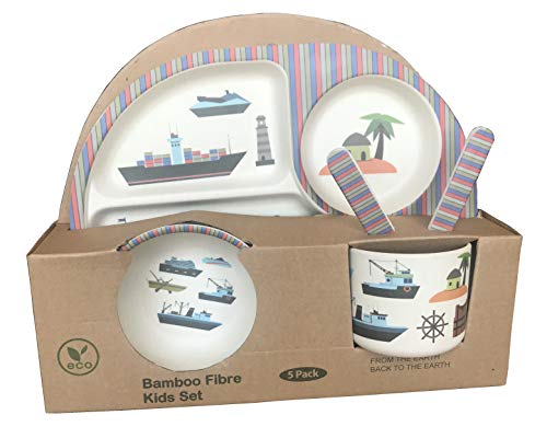 Vajilla Bambu Infantil ♻ Vajilla Fibra de Bambú Niños y Bebés 5 Piezas - Material Ecologico, Reciclable - Apto para Lavavajillas - Pack Eco, Bio, sin BPA (Bamboo) - Con Plato, Tazon, Vaso y Cubiertos