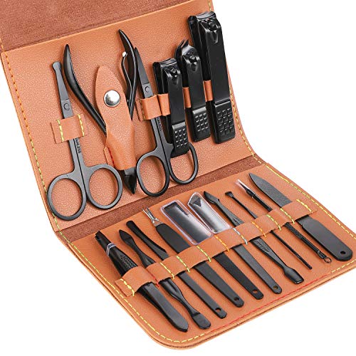 ValueTalks 16 en 1 Set de Cortaúña Kit Manicura profesional acero inoxidable(Negro)