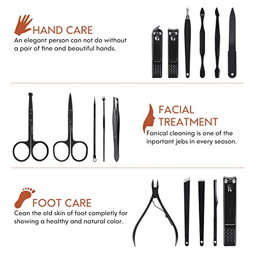 ValueTalks 16 en 1 Set de Cortaúña Kit Manicura profesional acero inoxidable(Negro)