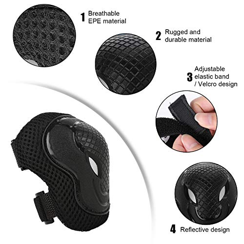 ValuTalks Juego de Protecciones Infantil,Protección Skate Infantil Rodilleras Coderas Muñequeras para Patinaje Ciclismo Monopatín Bicicleta Skate(Negro,6pcs)