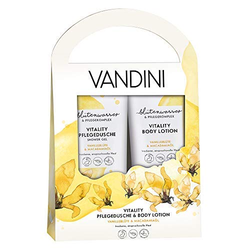 VANDINI Cesto de regalo con gel de ducha y loción corporal - 2x200ml - flor de vainilla y aceite de macadamia