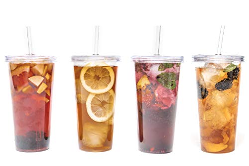 Vasos de Plástico Duro con Tapa y Pajita - Libre de BPA - Incluye Pegatinas Reutilizables y eBook de Coctelería - Set de 4 Vasos plasticos Reutilizables Transparentes de 700 ml - Marfrand