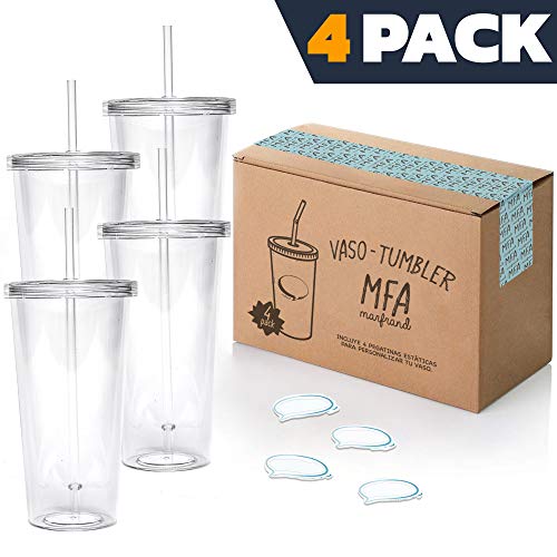 Vasos de Plástico Duro con Tapa y Pajita - Libre de BPA - Incluye Pegatinas Reutilizables y eBook de Coctelería - Set de 4 Vasos plasticos Reutilizables Transparentes de 700 ml - Marfrand