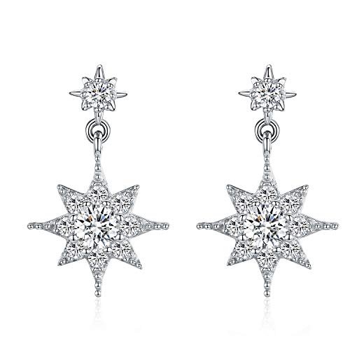 VEECANS Pendientes Mujer Plata de Ley 925 con Zirconia Swarovski, Pendientes Largos de Mujer en Forma de Estrella, Idea Regalo para el Día de la Madre, San Valentín y Navidad (Plata)